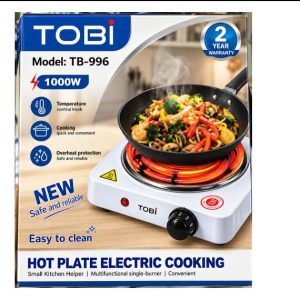 Tobi Hot Plate Model Tb-996 on Packaging, 1000w Single-burner Electric Cooker with Vegetables and a 2-year Warranty Badge