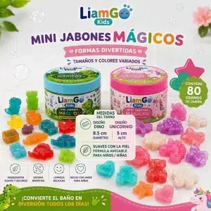 Two round jars of LiamG Kids Mini Jabones Mágicos with a rainbow of colorful soap shapes scattered around; bright packaging and playful design highlight 'formas divertidas' for kids.