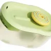 Green Handheld Citrus Juicer with a Yellow Spiral Reamer on Top, Made of Plastic Material.