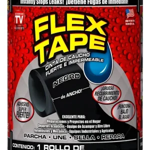 Red FLEX TAPE package featuring bold yellow logo, blue water droplet, and Spanish text about a strong, waterproof rubber tape.
