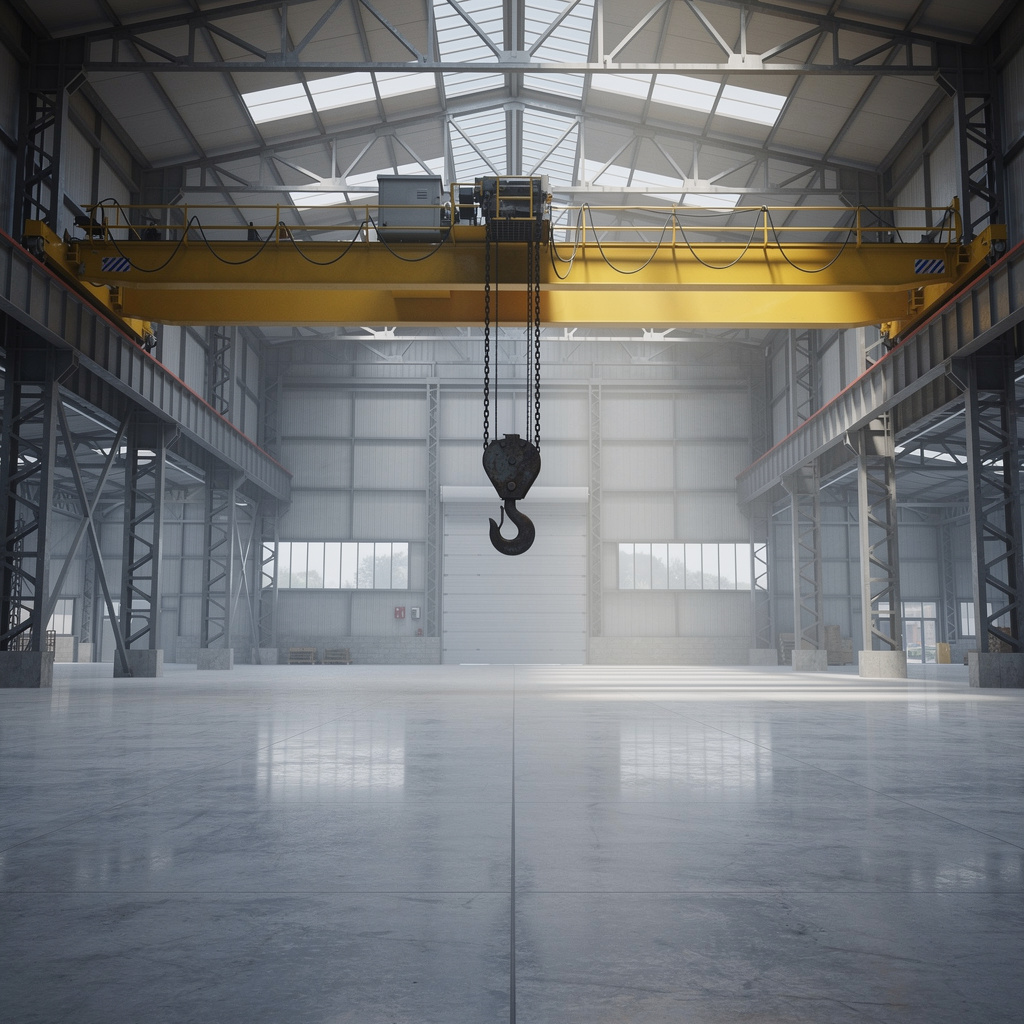 Industrial Warehouse Interior with a Yellow Overhead Crane and a Hanging Hook Centered Above the Polished Floor.