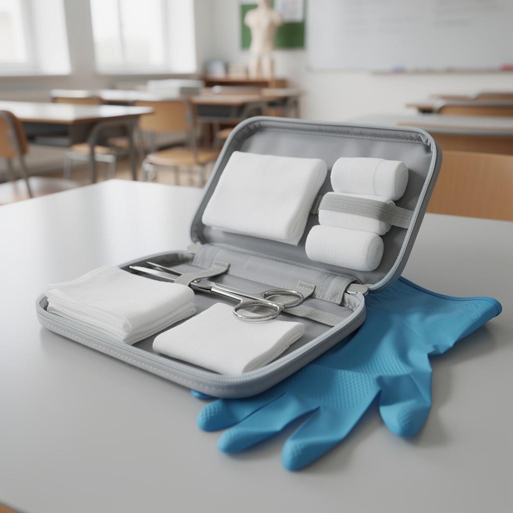 Open First-aid Kit with Folded Bandages, Scissors, and Gauze; Blue Gloves on Table in a Classroom Setting