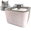 Gray Cat with Yellow Eyes Beside a Pink Pet Water Fountain Featuring a Paw-print Emblem, Tongue Slightly Out.
