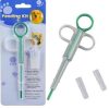 Pet Feeding Kit with a Transparent Syringe, Green Tip, and U-shaped Handles; Two Caps Shown, Packaged on a Blue Card Labeled 'feeding Kit' with a Dog Image.