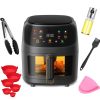 Compact Black Air Fryer with Touchscreen Display, Shown with Accessories: Tongs, Oil Spray Bottle, Red Silicone Muffin Cups, Spatula, and Pink Silicone Mat/pad.