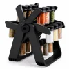 Black, Modern Spice Rack with Two-tier X-frame Holds Multiple Glass Jars Filled with Assorted Spices.