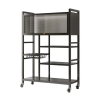 Black Metal Rolling Utility Cart on Four Casters with Multiple Open Shelves and a Small Wire Basket for Utensils, Plus a Top Enclosed Section on the Right Side