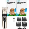 Pet Grooming Hair Clipper Kit: Cordless Trimmer with Six Guide Combs, Oil Bottle, Usb Charger, and Two Product Boxes with a Puppy Image on Them.