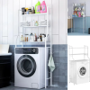 Laundry Room with a White Metal Shelving Unit over a Front-loading Washing Machine; Shelves Hold Detergent, Towels, and Folded Laundry.