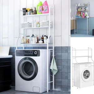 Laundry room with a white metal shelving unit over a front-loading washing machine; shelves hold detergent, towels, and folded laundry.