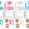 Set of Four Kids' Lunch Cups with Colored Lids and Matching Utensils, Arranged in Turquoise, Pink, White, and Blue.