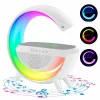 Round White Bluetooth Speaker with a Rainbow Rgb Light Ring and Musical Notes, Suggesting Playback.