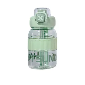 Clear Plastic Water Bottle with a Mint-green Cap and Built-in Straw, Shown Front-facing.