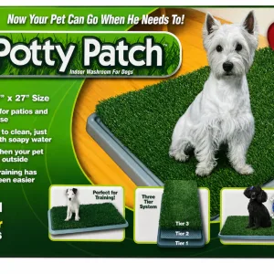 Potty Patch Indoor Dog Potty Packaging Showing a White Terrier on a Green Artificial Grass Mat with ‘pets Love It’ Badge on the Right Side and Features List on the Left.