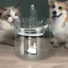Two Dogs Watch a Clear Pet Water Fountain with Flowing Water and Visible Min/max Level Indicators.