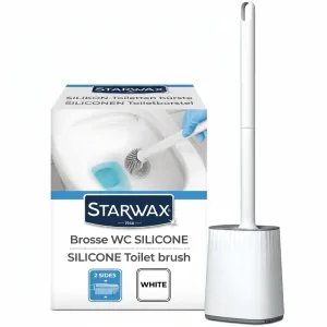Starwax Silicone Toilet Brush with White Handle Beside Its White Stand, Shown with Packaging Labeled Silicone Toilet Brush (white).