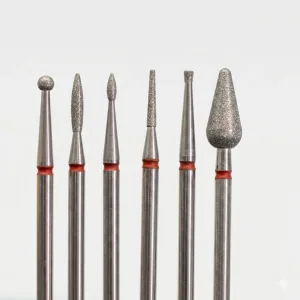 Six Dental Burs with Metal Shanks and Red Rings, Displaying Different Grinding and Shaping Tips Against a White Background.