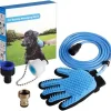 Blue Pet Bathing Massage Glove with Hose and Connectors for Dog Grooming System Box Shows a Black Dog in a Park