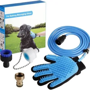 Blue Pet Bathing Massage Glove with Hose and Connectors for Dog Grooming System Box Shows a Black Dog in a Park