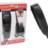 Black Cordless Hair Trimmer with Multiple Attachment Combs in a Red-and-white Kit Package.