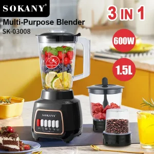 Sokany 3‑in‑1 blender (600W, 1.5L) on a kitchen counter; pitcher filled with berries and lemon slices, plus two mini jars—one with meat chunks and one with coffee beans.