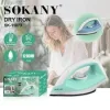 Sokany Sk-11073 Dry Iron in Mint Green and White Shown with Its Packaging Box.