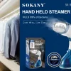 Sokany Hand Held Steamer Advertisement Showing a Blue Device, Its Box, and Text That It Kills 99% of Bacteria and Features a 1500w Rating.