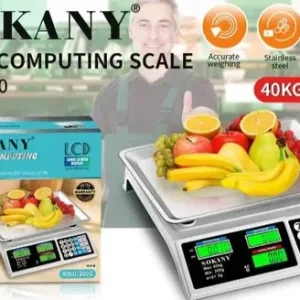 Sokany price computing scale with a tray of assorted fruit, digital display showing weight and price, marketing background.