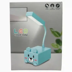 Cute Turquoise Bear-shaped Led Table Lamp with a Bendable Neck and Rectangular Light Head on a Boxy Base with a Bear Face at the Front.