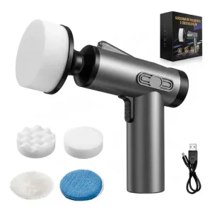 Cordless Handheld Polishing Tool with Four Interchangeable Polishing Pads for Car Detailing, Shown with Usb Charger and Box.