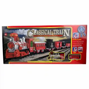 Box for a Classical Train toy set featuring a red steam locomotive and train cars on tracks, with a scenic backdrop.