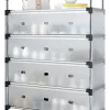 Five-drawer Metal Rolling Storage Cabinet for Shoes with a Handbag, Plant, and Books on Top; Shoes Lined Up Underneath.